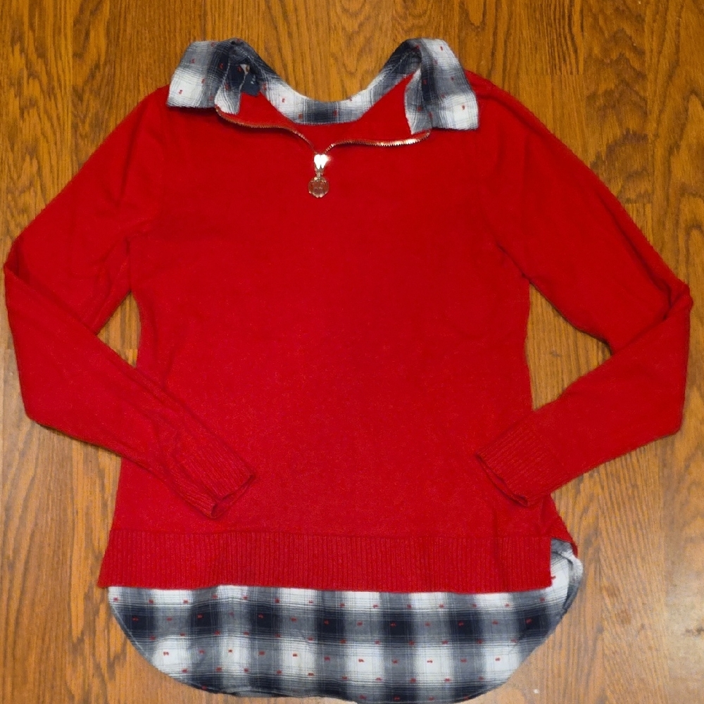 Tommy Hilfiger Red Sweater with Plaid Collar